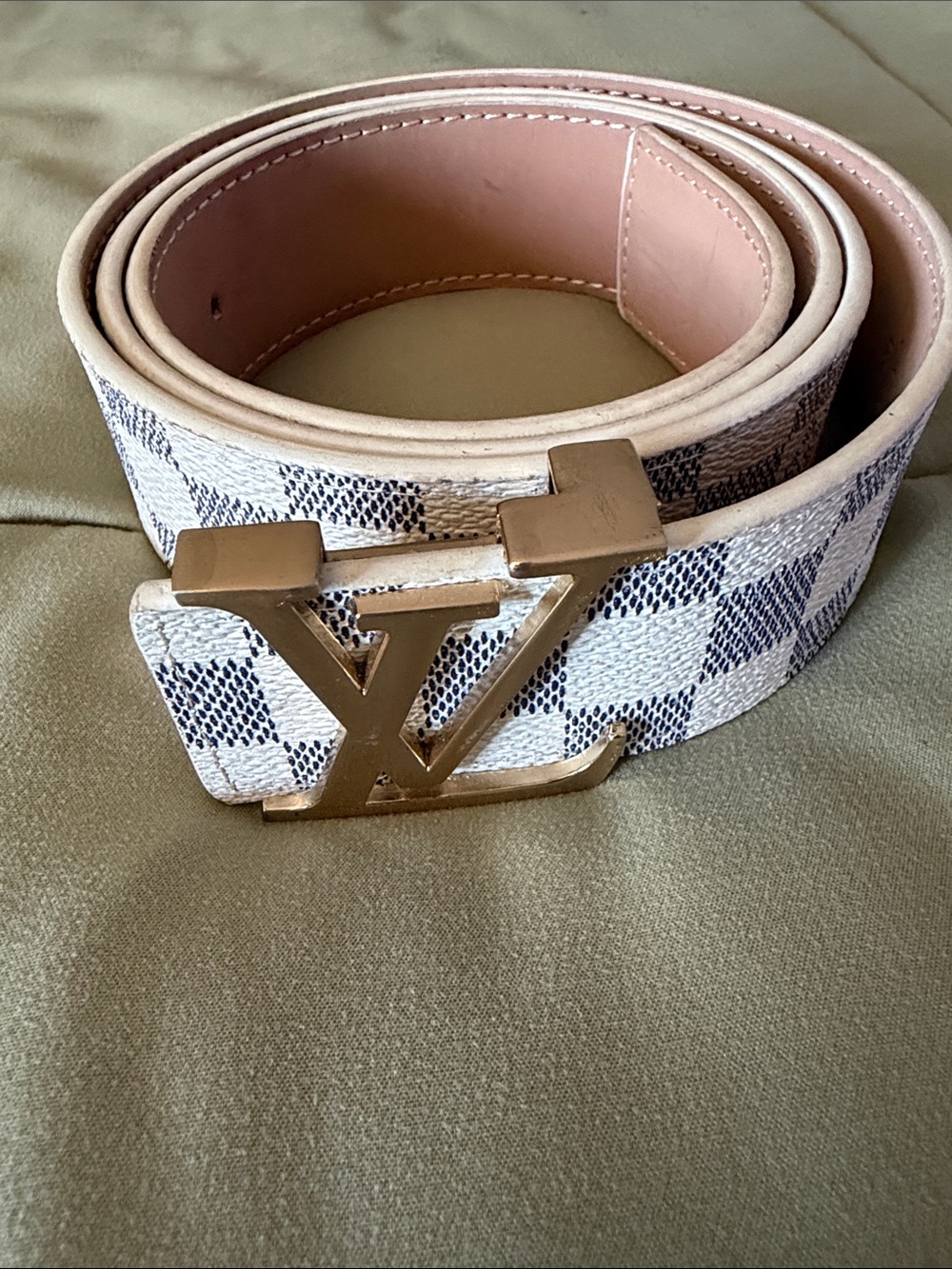 Louis Vuitton White and Blue Damier Azur LV Buckle Belt